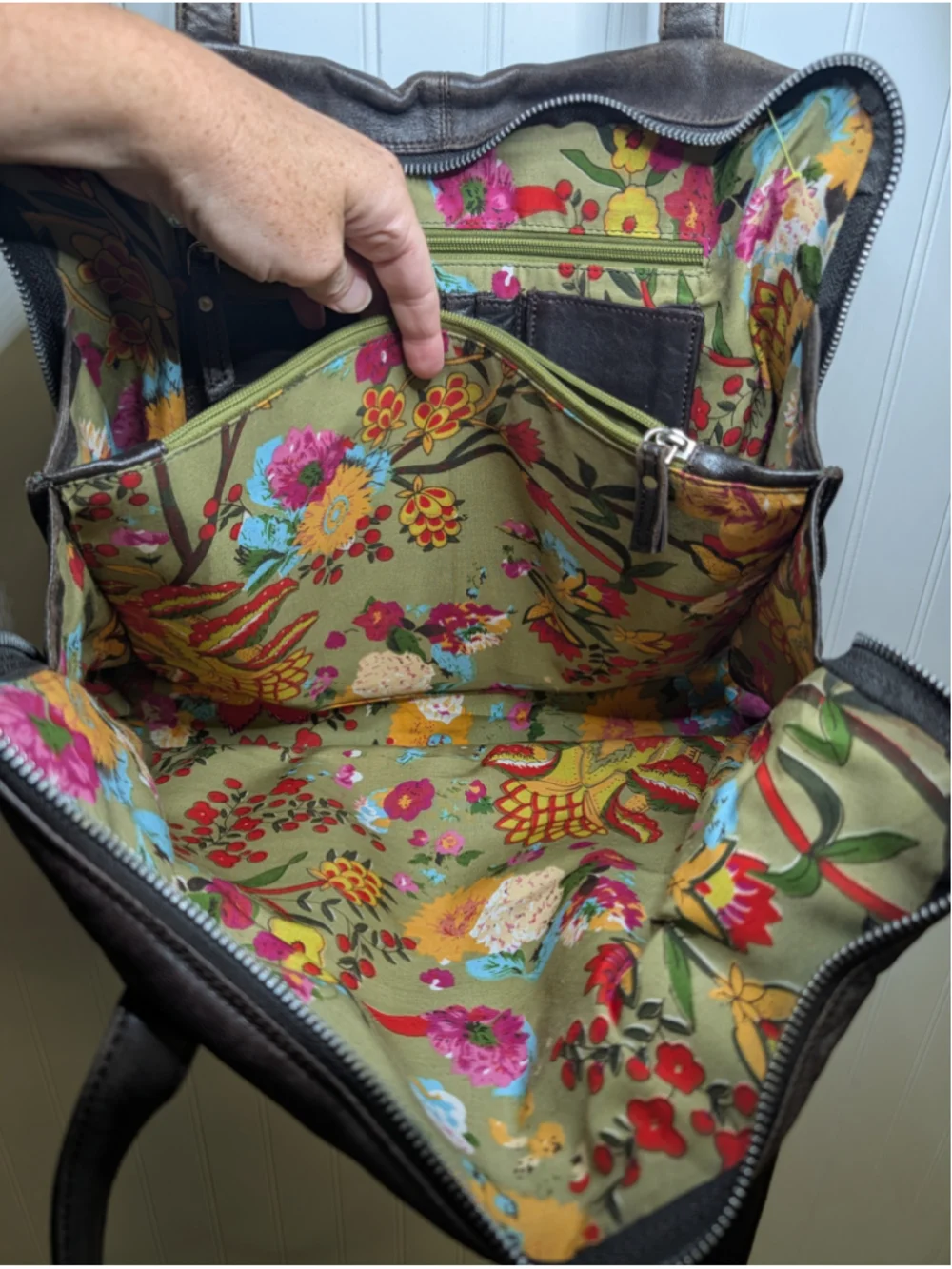 LATICO Leather Laptop Tote Bag Brown Organizer Shoulder Briefcase Floral Lined